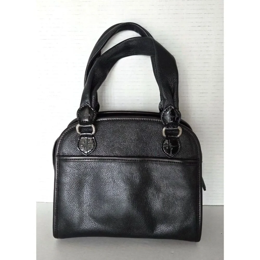 Brighton Black Leather Satchel Croc Trim Rhinestone Filigree Heart Fob Bag